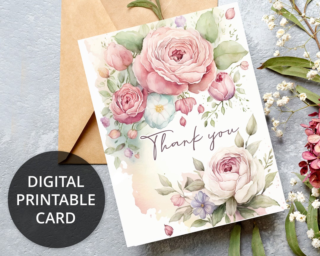 Floral Thank You Card Printable, Thank You Note, Instant Download PDF ...