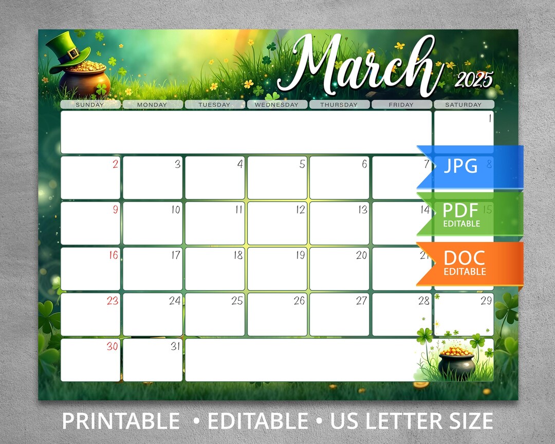 Editable March 2025 Calendar for St. Patrick's Day, Good Luck Day ...