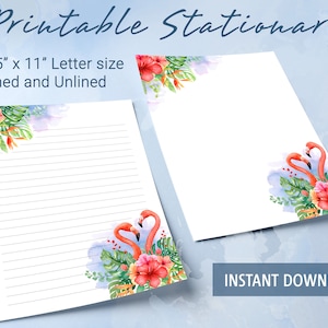 Papel rayado para papelería imprimible con motivos florales, papel para escribir imprimible con ramo de flamencos en acuarela, papel para escribir cartas, bloc de notas personalizado