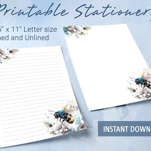 Papelería imprimible con motivos florales, papel para escribir imprimible con una hermosa abeja en acuarela, plantilla de Goodnotes