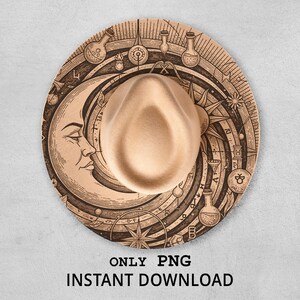 May include: A tan fedora hat with a detailed, etched design on the brim. The design includes a crescent moon, stars, alchemical symbols, and scientific instruments. The text "ONLY PNG INSTANT DOWNLOAD" is at the bottom.
