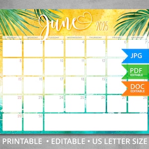 Calendario de junio de 2025 editable, Calendario de pared 2025 con fondo de verano, Planificador mensual rellenable, Calendario imprimible, Tamaño carta
