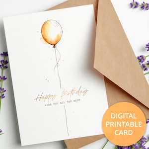 Printable Minimalist Birthday Card, Elegant Happy Birthday Card with with a balloon, 5x7 Greeting Card, DIGITAL DOWNLOAD
