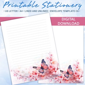Papel de carta imprimible con mariposas, papel para escribir de primavera, plantilla Goodnotes, incluye plantilla de sobre, tamaño A4 y carta de EE. UU.