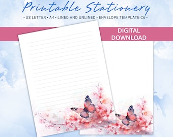 Druckbares Briefpapier mit Schmetterling, Frühlingspapier, Goodnotes-Vorlage, enthält Umschlagvorlage für A4- und US Letter-Formate