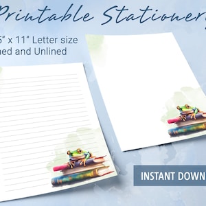 Papel rayado de papelería imprimible, papel de escritura imprimible con una linda rana en una pila de libros, papel para escribir cartas, bloc de notas personalizado