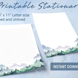 Papel rayado imprimible con montañas de bosque brumoso en acuarela, papel para escribir imprimible, plantilla Goodnotes
