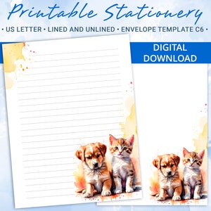 Papel rayado imprimible, papel para escribir imprimible con un gatito y un cachorro, papel para escribir cartas, incluye plantilla de sobre C6