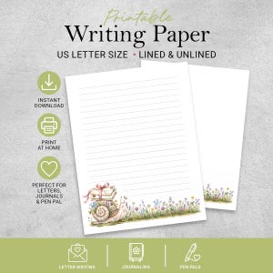 May include: Printable writing paper in US letter size, featuring lined and unlined sheets. The design includes a snail carrying a stack of envelopes, surrounded by colorful wildflowers. Text includes Printable Writing Paper, US Letter Size, Lined & Unlined, Instant Download, Print at Home, Perfect for Letters, Journals & Pen Pal, Letter Writing, Journaling, and Pen Pals.