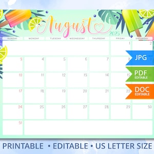 August 2025 Popsicle-Kalender zum ausdrucken - Bearbeitbarer Sommerplaner - Niedlicher tropischer Monatsplaner, US Letter, Sofortdownload