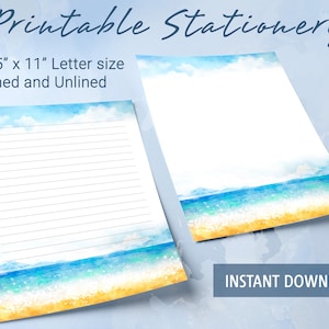 Papel rayado imprimible, Fondo de verano con playa en estilo acuarela, Papel de carta imprimible, Plantilla Goodnotes