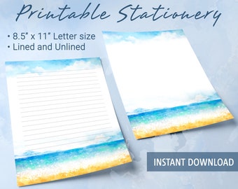Printable Stationery lined paper, Summer background with beach in watercolor style, Printable Writing Paper,  Goodnotes template