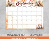 September 2026 Calendar, Editable PDF Planner, Autumn Gnome Monthly Calendar, Digital Download US Letter