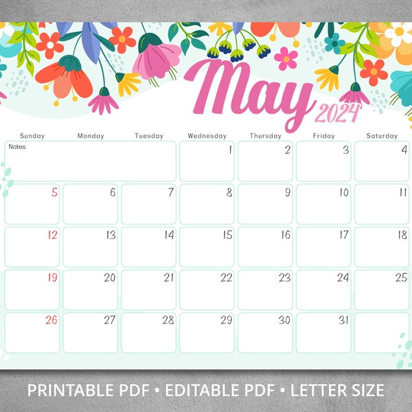 Editable May 2024 Calendar, Floral spring wall calendar 2024, Fillable Classroom Calendar