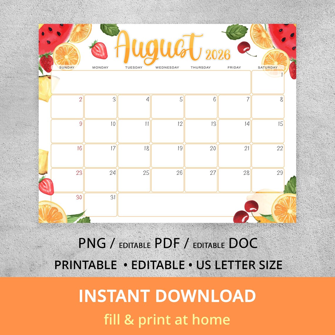 August 2026 Monthly Calendar, Editable Summer Fruit Planner, Printable ...