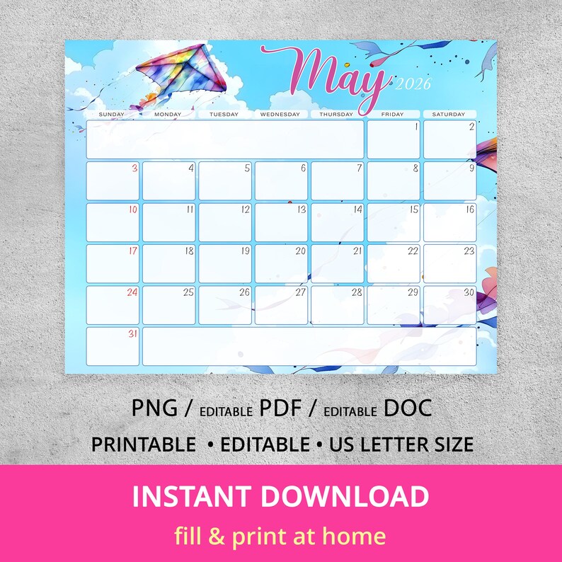 May 2026 Printable Monthly Calendar With Watercolor Kites, Editable PDF ...