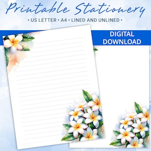 Papel rayado imprimible, papel para escribir cartas con flores de plumeria, tamaño A4 y carta de EE. UU., plantilla de Goodnotes, licencia comercial