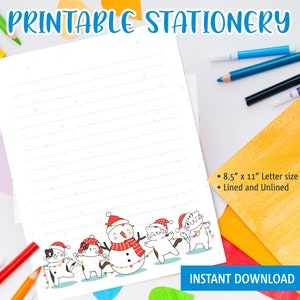 Papelería Kawaii Imprimible para Niños, Carta Imprimible con Gatos Felices y Muñeco de Nieve para Invierno y Navidad