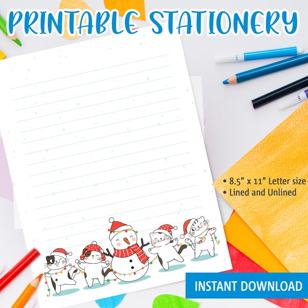 Kawaii Stationery Printable for kids, Printable letter with happy cats and snowman for winter and Christmas