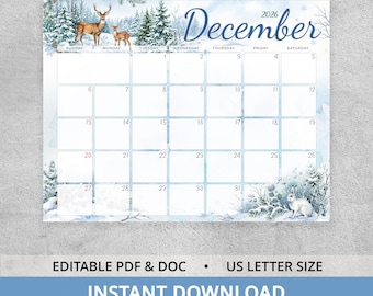 December 2026 Editable Calendar with Winter Deer, Printable Snowy Woodland Wall Planner