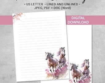 Printable Watercolor Horse Stationery, Lined and Unlined Writing Paper, Digital Letterhead Set, US Letter