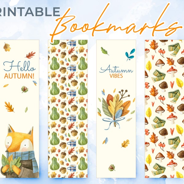 Printable Bookmarks, Hello Autumn Bookmarks, Printable Bookmarks Set with watercolor autumn stories, Book Lovers Gifts