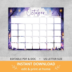 May include: A monthly wall calendar for October 2026 featuring a purple and blue watercolor background with hanging lights, candles, and potion bottles. The grid includes days of the week and numbered dates. Text includes October 2026, Editable PDF & DOC, US Letter Size, and Instant Download.