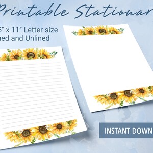 Papel rayado con diseño de girasol para imprimir, papel para escribir para imprimir, girasol en acuarela, juego de escritura, bloc de notas personalizado