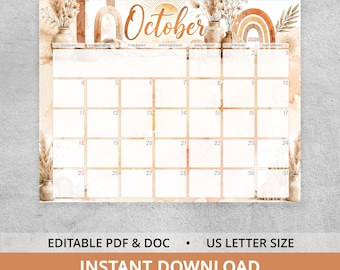 October 2026 Calendar Printable, Boho Terracotta Neutral Editable Planner