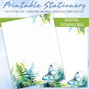 Papel rayado de papelería imprimible, papel para escribir cartas con ilustración de mariposa, tamaño A4 y carta estadounidense, incluye plantilla de sobre