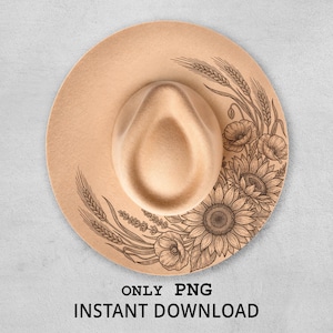 Può includere: Cappello fedora beige con tesa larga, decorato con un intricato motivo floreale e di grano in marrone scuro. Il testo "ONLY PNG INSTANT DOWNLOAD" è stampato in basso nell'immagine.