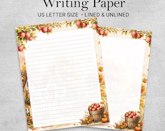 Autumn Harvest Writing Paper Printable with Apples and Pumpkins, Lined & Unlined US Letter