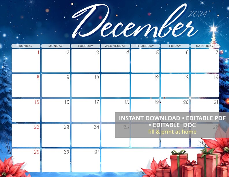 Editable December 2024 Calendar, Wall Calendar With Christmas