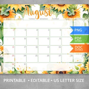 August 2026 Calendar Sunflower Printable, Editable PDF Word Monthly Planner, Floral Summer Schedule, US Letter Size Digital Download image 2