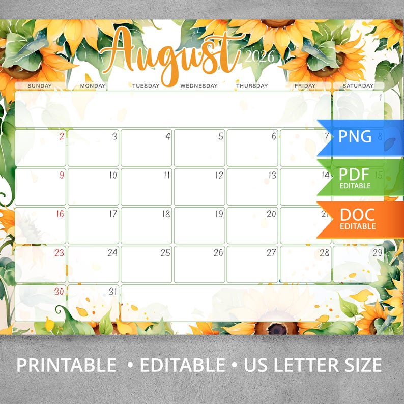 August 2026 Calendar Sunflower Printable, Editable PDF Word Monthly Planner, Floral Summer Schedule, US Letter Size Digital Download image 2