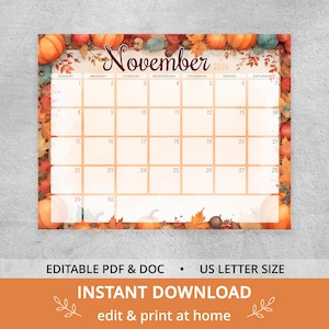 November 2026 Calendar Printable, Editable Thanksgiving Fall Harvest Planner
