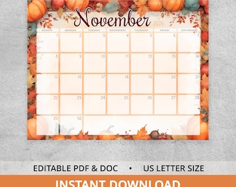 Calendario imprimible y editable de noviembre de 2026 para la temporada de Acción de Gracias y la cosecha de otoño.