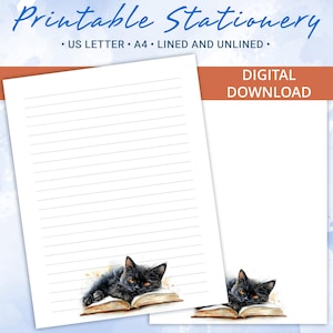 Papel rayado imprimible, papel para escribir cartas con un lindo gato negro en un libro, tamaño A4 y carta de EE. UU., plantilla Goodnotes