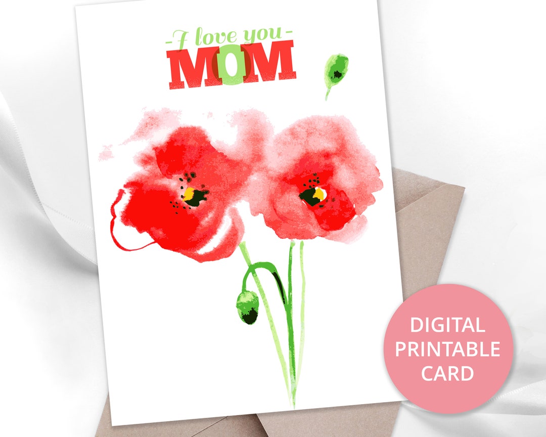 Mother's Day Card Printable With Beautiful Watercolor Red Poppy ...
