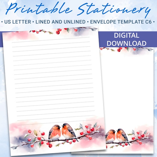 Winter Printable Stationery, Printable Writing Paper with bullfinches on a branch with red berrie, Cute stationary, Envelope template