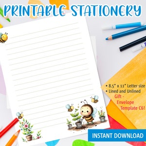 Papelería imprimible para niños, papel de carta imprimible con una linda abeja regando las flores, plantilla de Goodnotes, incluye plantilla de sobre
