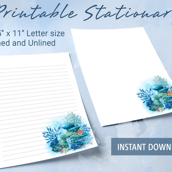 Ocean Printable Stationery lined paper, Watercolor ocean Printable Writing Paper, Letter Writing Paper, Personalized notepad