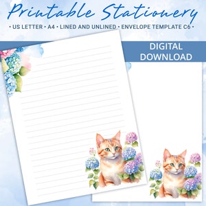 Papel de papelería imprimible con hortensia y gato, Papel para escribir cartas, Tamaño carta A4 y EE. UU., Incluye plantilla de sobre, Licencia comercial