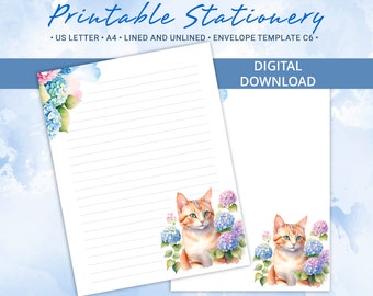 Printable Stationery paper with hydrangea and cat, Letter writing Paper, A4 & US Letter Size, Includes envelope template, Commercial license