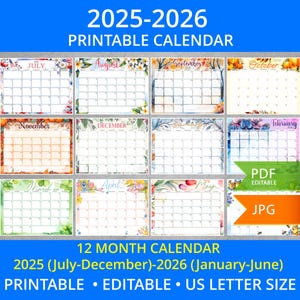 EDITABLE Monthly Calendar 2025-2026 Bundle, Editable & Printable Monthly Planner Templates, Yearly calendar Instant Download