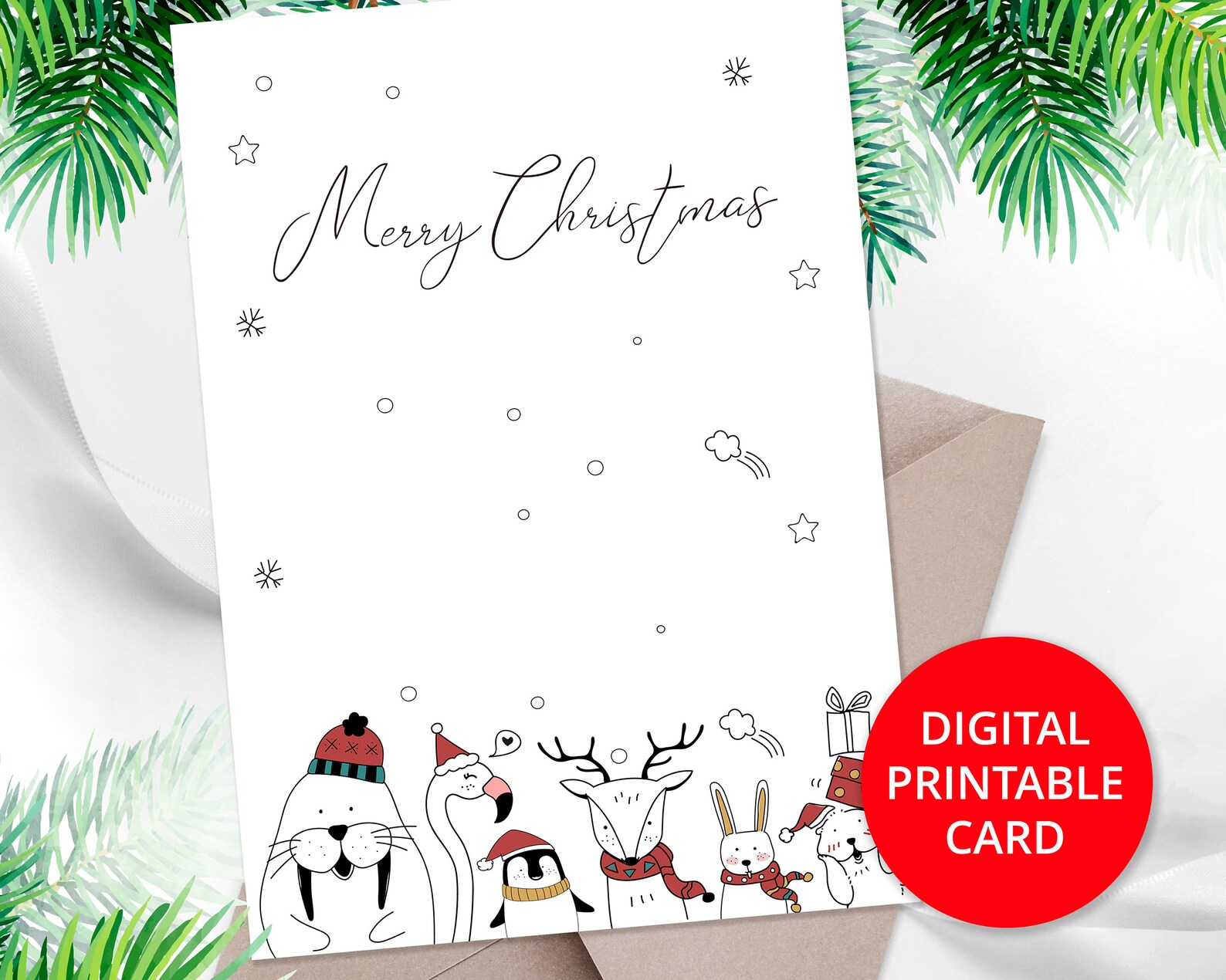 Merry Christmas Printable Card Christmas Card With Cute - Etsy