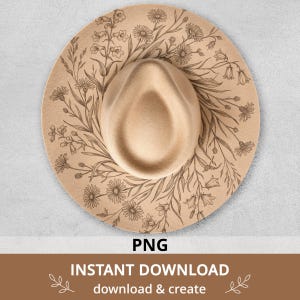 May include: A beige fedora hat with a wide brim, adorned with a floral pattern in a darker beige hue. The hat features the text "PNG" and "INSTANT DOWNLOAD download & create".