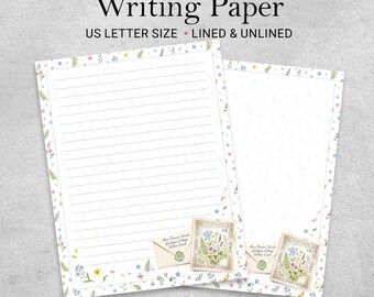 Vintage Floral Writing Paper Printable with Postage Stamp Design, Lined & Unlined US Letter