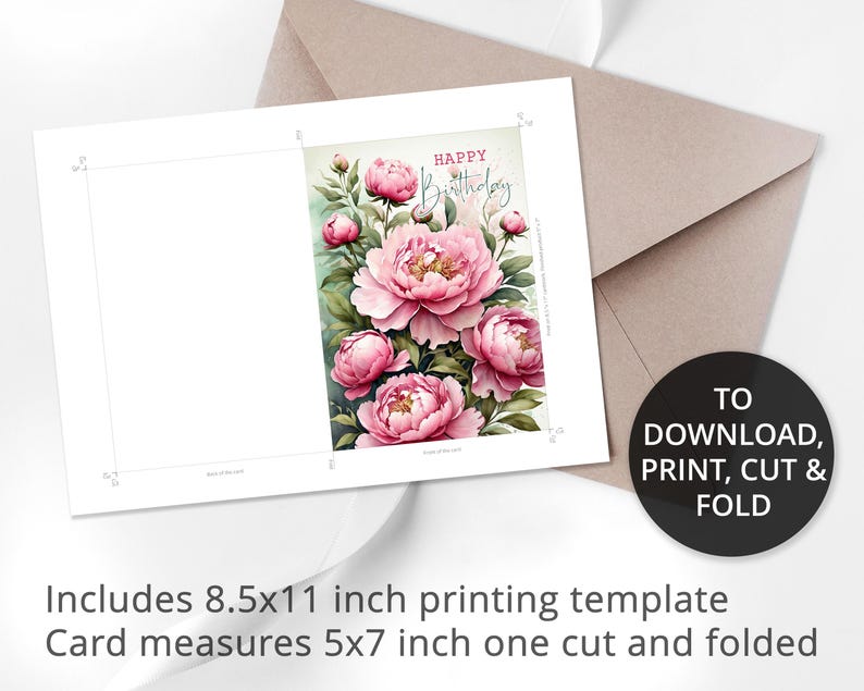 May include: Printable card template featuring a pink floral design with the text "Happy Birthday". The card measures 5x7 inches when cut and folded, and the template is 8.5x11 inches.