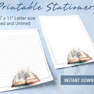 Papel rayado imprimible, papel de carta imprimible con un libro mágico abierto y flores, papel para escribir cartas, bloc de notas personalizado